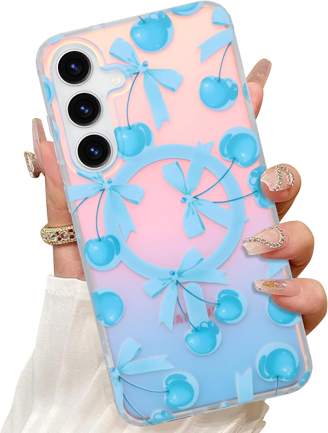 Magnetic Case for Samsung Galaxy S26 Plus 6.7 Inch [Wireless Charging Compatible] Hard PC and Soft TPU Iridescent Case with Blue Cherry and Bows Anti-Scratch Shockproof Phone Cover for Women