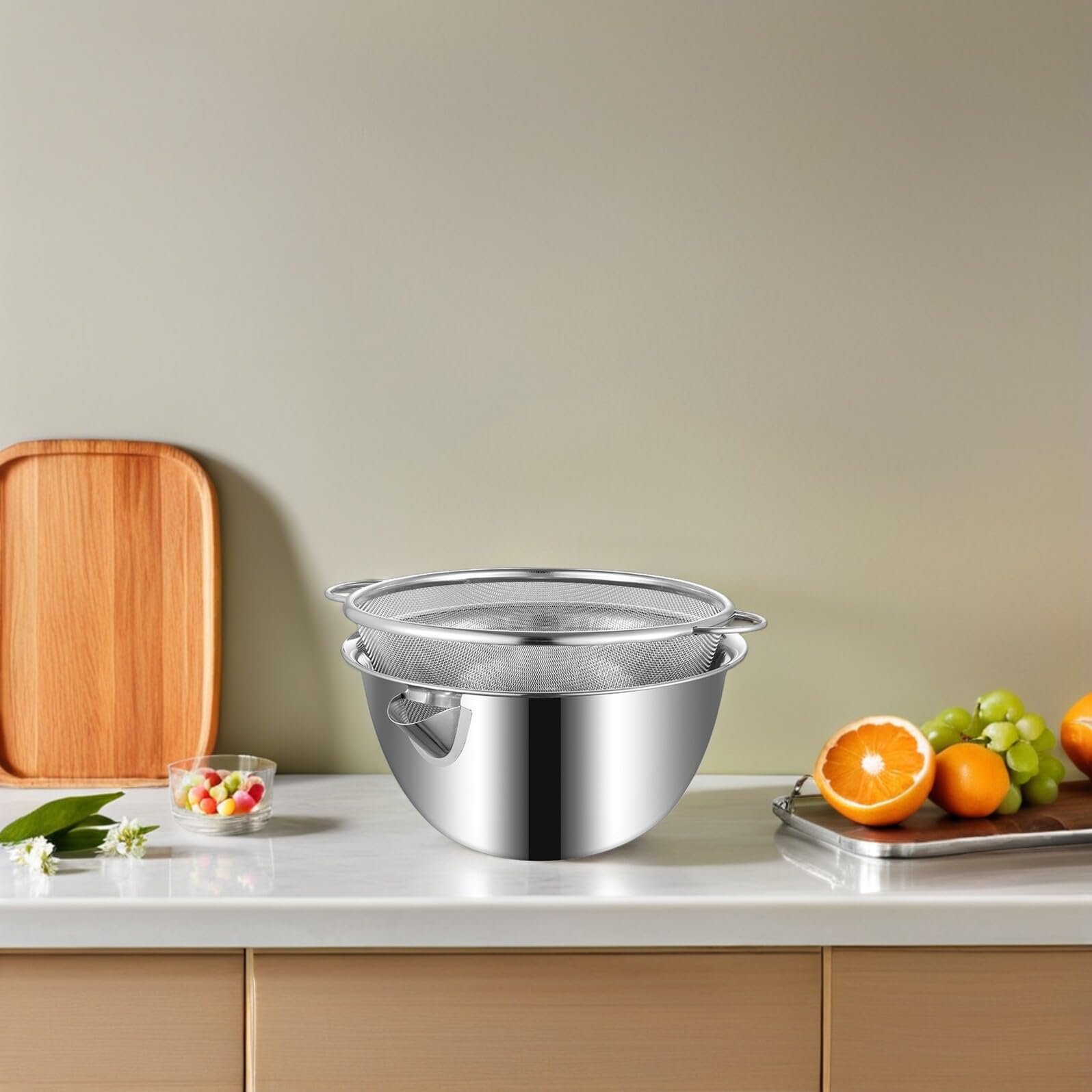 Edelstahl Schüssel mit Integriertem Abflusskorb Großes Multifunktionales Küchensieb Rostfreier Abtropfbehälter für Gemüsewaschen und Zubereitung Platzsparend und Langlebig