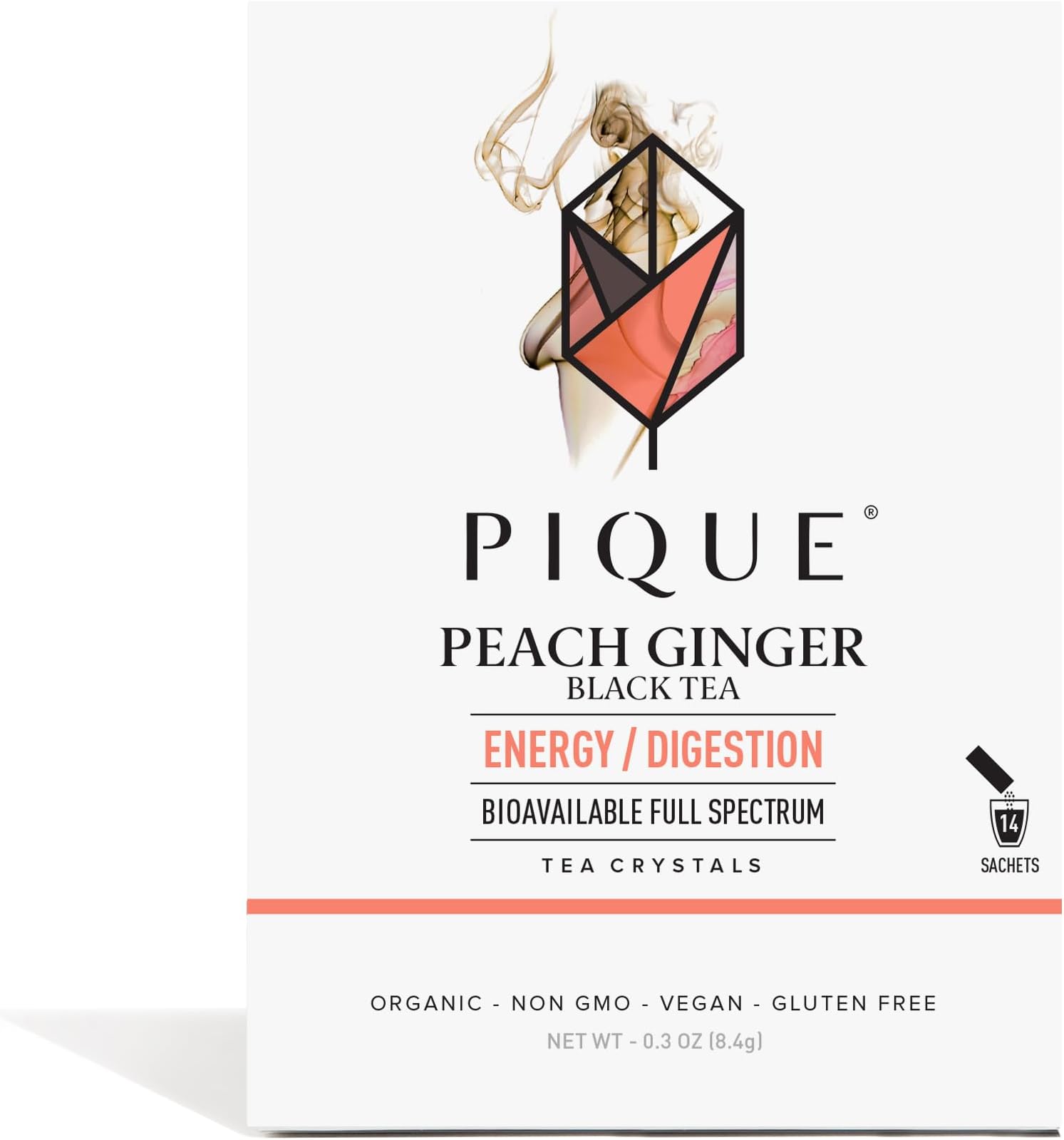 Pique Organic Peach Ginger Tea Crystals - Caffeinated Black Tea For Energy, Prebiotic Polyphenols Support Healthy Digestion - 14 Single Serve Sticks (Pack of 1)