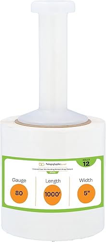 Vista 48 de PSBM - Mini envoltura elástica negra con asa, paquete de 12, 5 pulgadas x 1000 pies, calibre 80, adhesivo de plástico de tinte oscuro/opaco