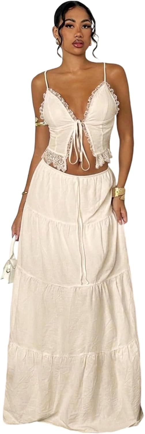 Floerns Women's 2 Piece Outfit Lace Trim Tie Front Camisole Top Tiered Maxi Skirts Set