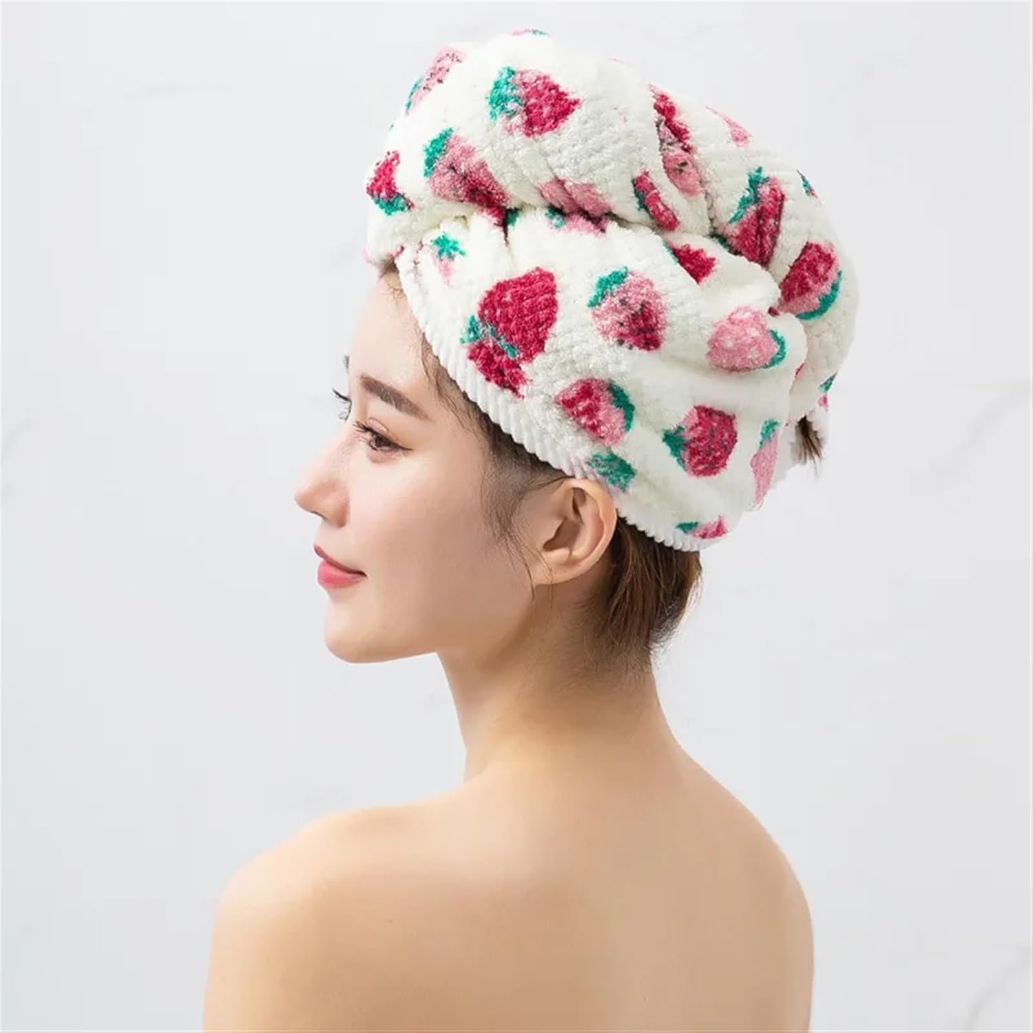 ヘアタオルラップ、 ヘアタオル ターバンキャップ 速乾 吸水性 コーラルフリース 24x64cm ストロベリー