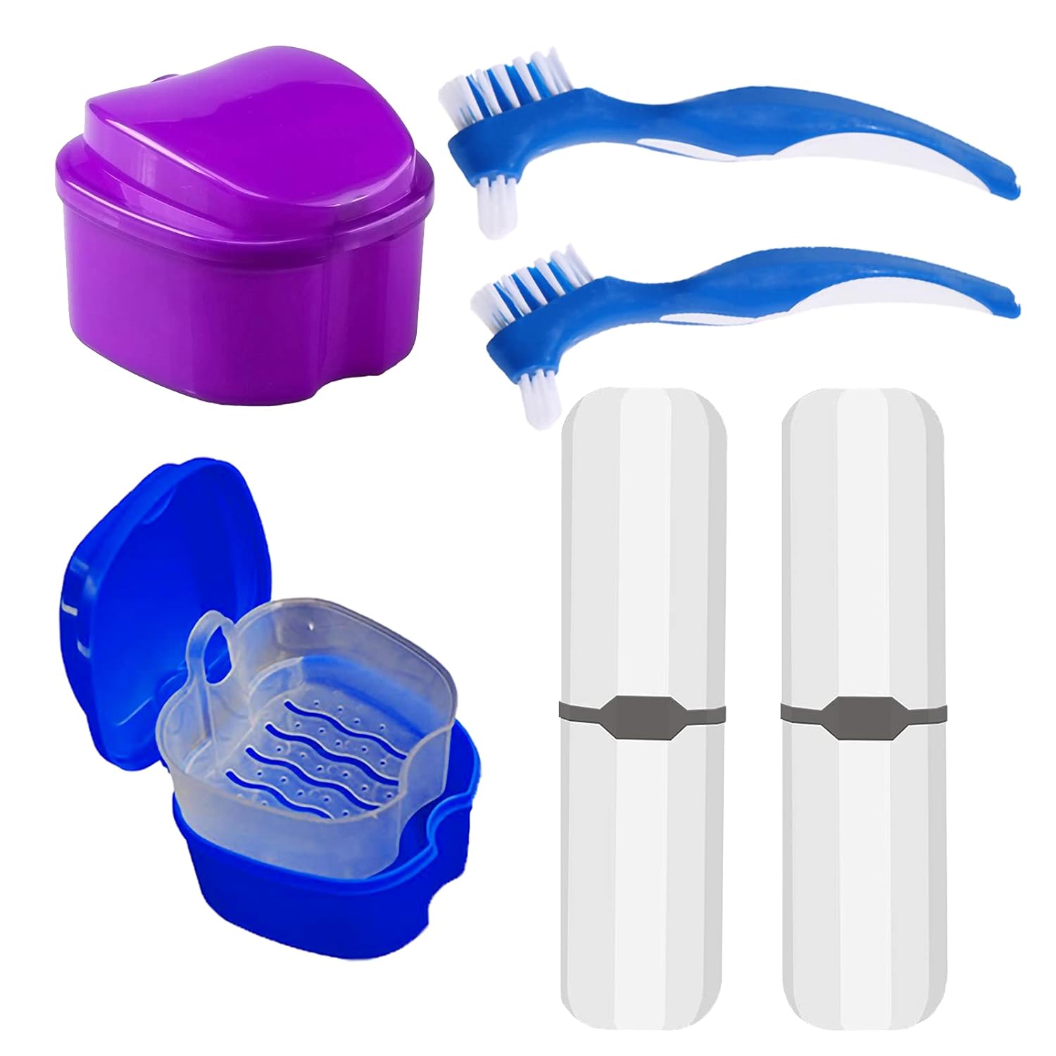 Denture Case Kit, 2 Denture Cup with 2 Denture Brush & 2 Portable Brush Box, Denture Bath Cup with Strainer & Lid for Travel, Storage Soak Container Retainer Cleaner (Blue & Purple) : Beauty & Personal Care