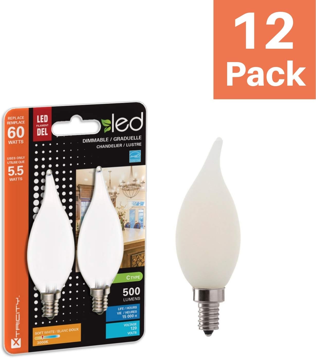 Frее Shірріng 🛒 LED 6W Flame Tip Filament Frosted Chandelier Light Bulb, 60W Equivalent, 500 Lumens, 3000K Soft White, Dimmable, 120V, E12 Candelabra Base, Energy Star, (12 Pack) Flаѕh Dеаlѕ - 40% оƒƒ LED 6W Flame Tip Filament Frosted Chandelier Light Bulb, 60W Equivalent, 500 Lumens, 3000K Soft White, Dimmable, 120V, E12 Candelabra Base, Energy Star, (12 Pack)