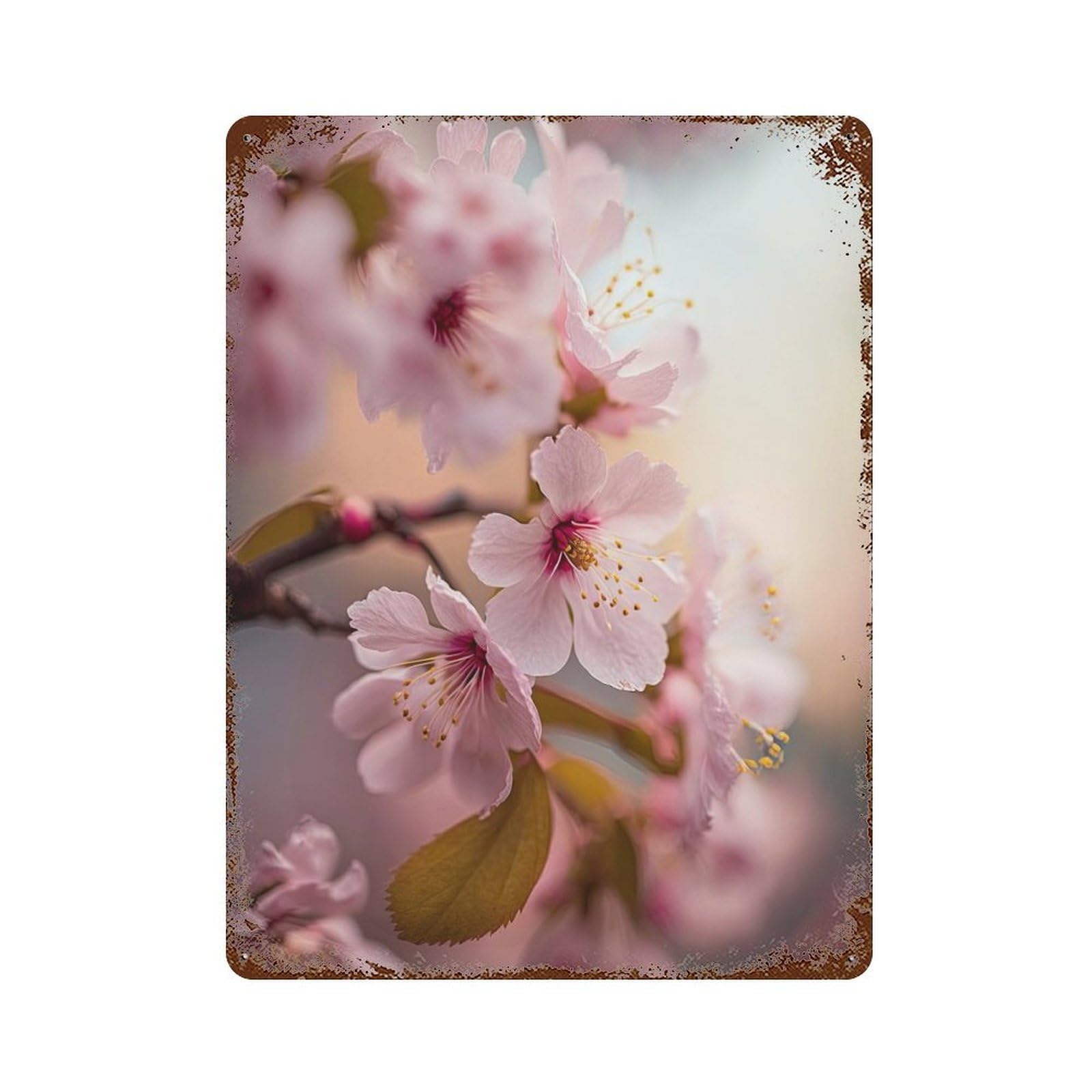Cherry Blossom Macro Vintage Wall Sign 15.7"x11.8", Rust Effect Metal Decor for Basement, Hobby Room And Garage Decor
