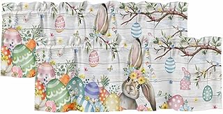 Teamery 2 Pack Valance Curtains for Kitchen Windows Easter Rabbit Egg Spring Flower Rod Pocket Curtain Country Wood Plank Small Window Treatment Topper for Bedroom Living Room Bathroom, 54x18in