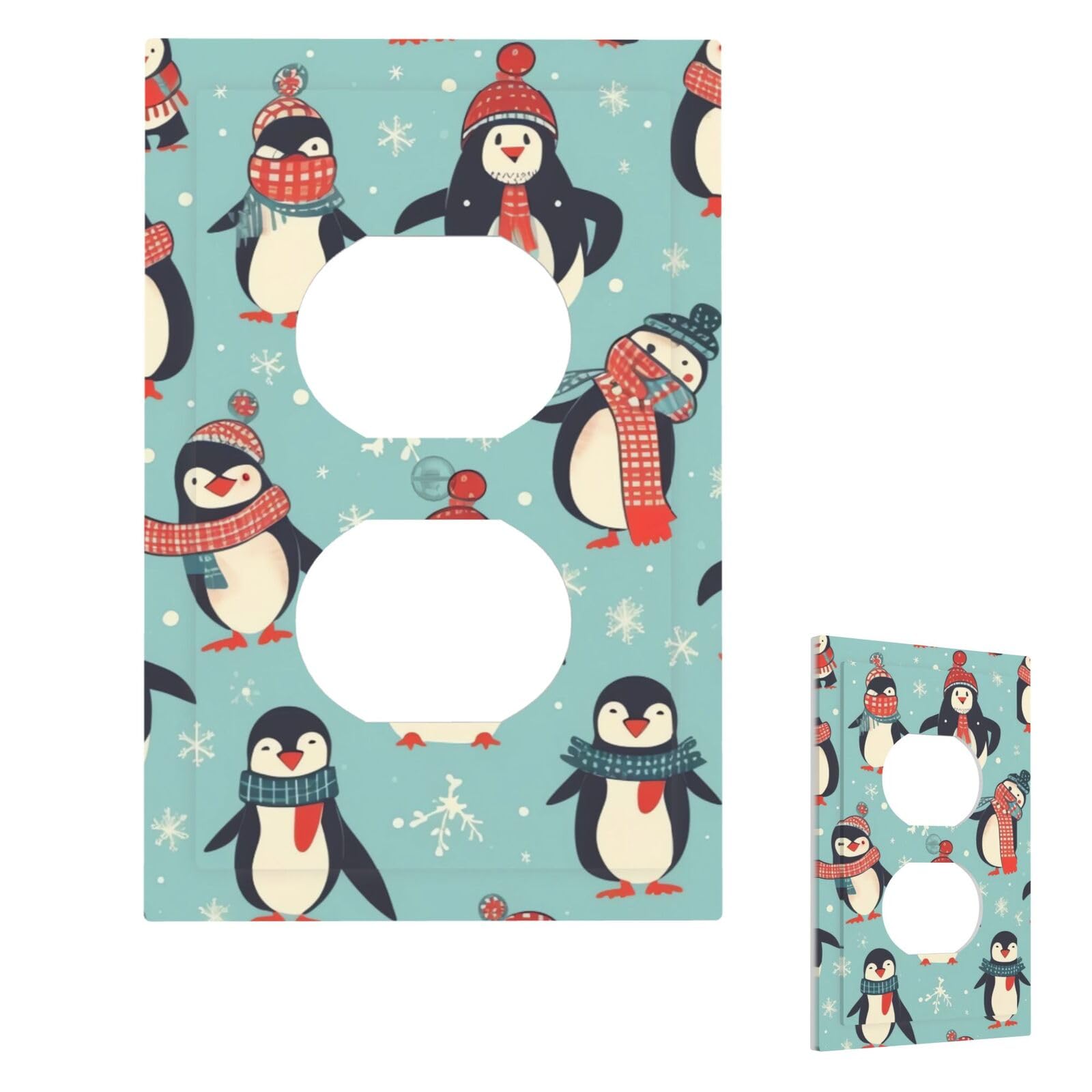 Winter Christmas Penguins Wall Plate Cover Duplex, Modern Decorative Light Switch Cover Unbreakable Receptacle Outlet Covers for Living Room Bedroom Decor