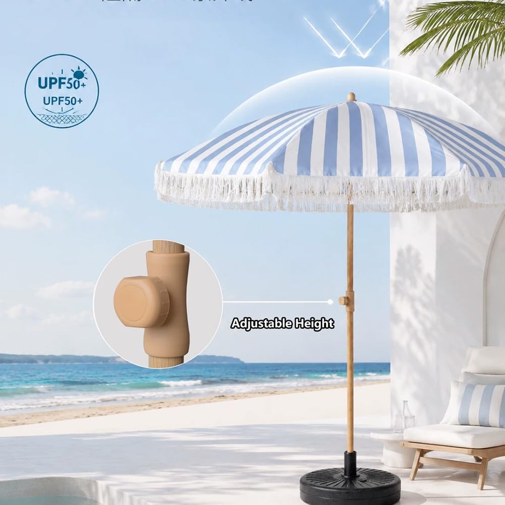 Generisch 180 cm Boho Streifen Strand Sonnenschirm mit Fransen, Neigbarer Gartenschirm mit Höhenverstellbarem Mast für Pool, Garten, Terrasse(Green Stripe)