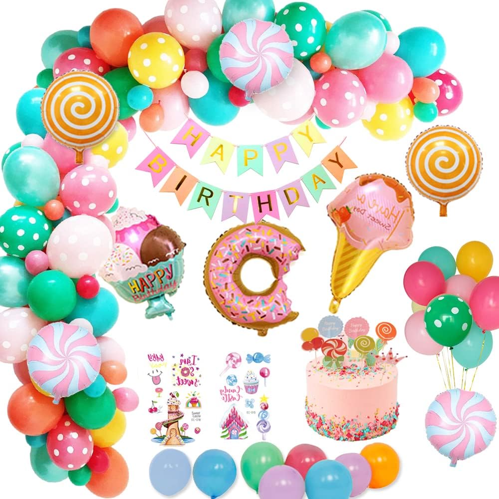 Candyland Birthday Decorations, Sweet Party Decorations with Happy Birthday Banner Candy doughnut Ice Cream Foil Balloons for Girls kids Women Candyland Party Baby Shower Wedding