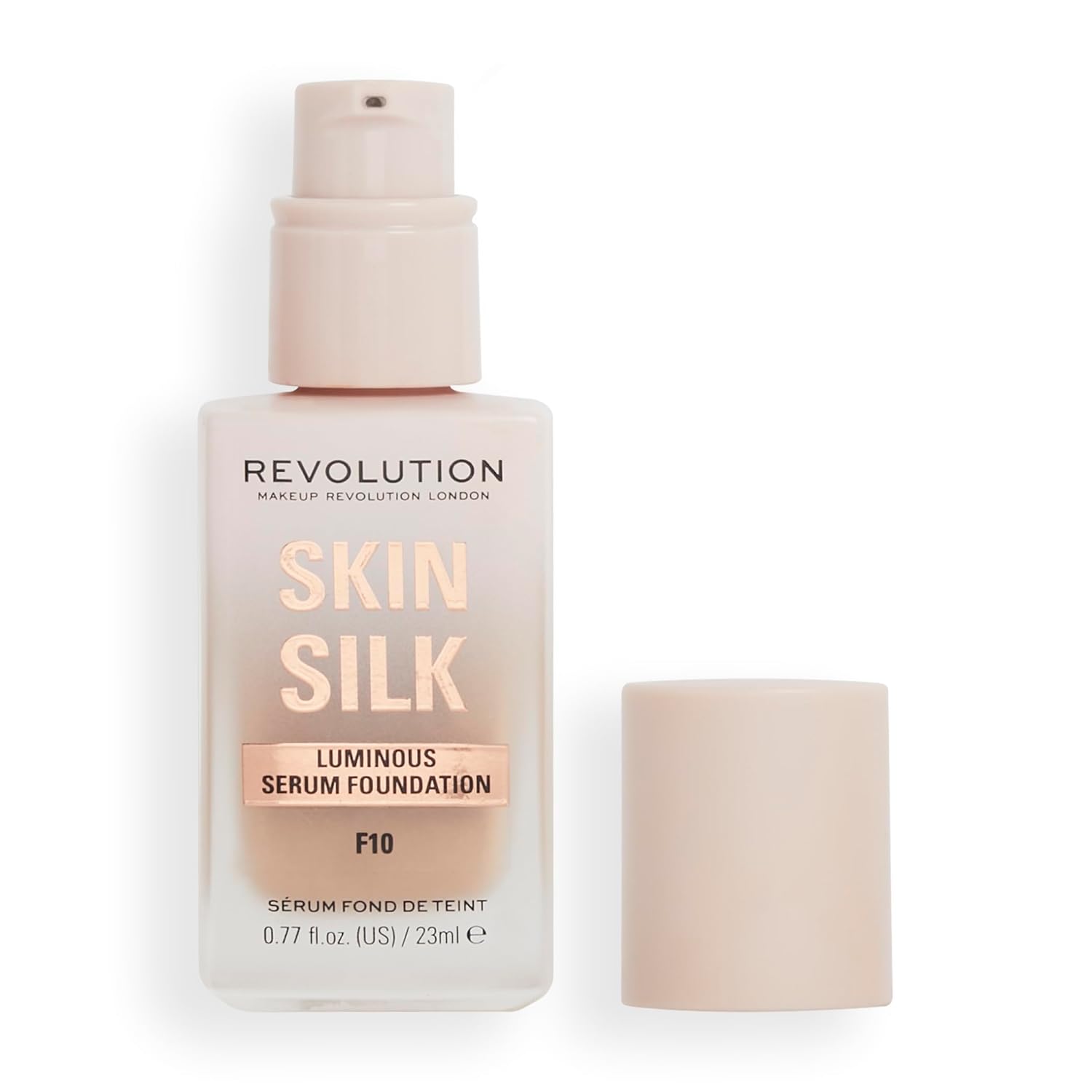 Revolution Beauty London, Skin Silk Serum Foundation, Light to Medium Coverage, Lightweight & Radiant Finish, Contains Hyaluronic Acid, F10 Medium Skin Tones, 0.77 fl oz