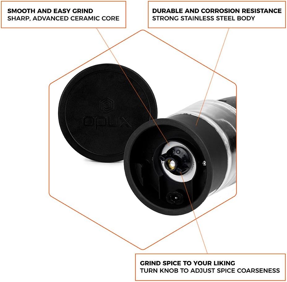 OPUX Premium Deluxe Electric Salt and Pepper Grinder Set | Automatic Pepper Mill, Battery Operated Salt Shaker | Adjustable Coarseness with LED Light (Matte Black)