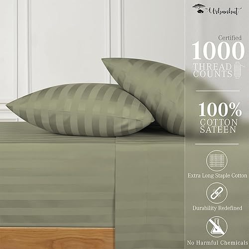 Miniatura 2 de URBANHUT Sábanas de algodón egipcio de 1000 hilos a rayas de damasco tamaño King, fibra larga, suaves y transpirables, juegos de sábanas de 4