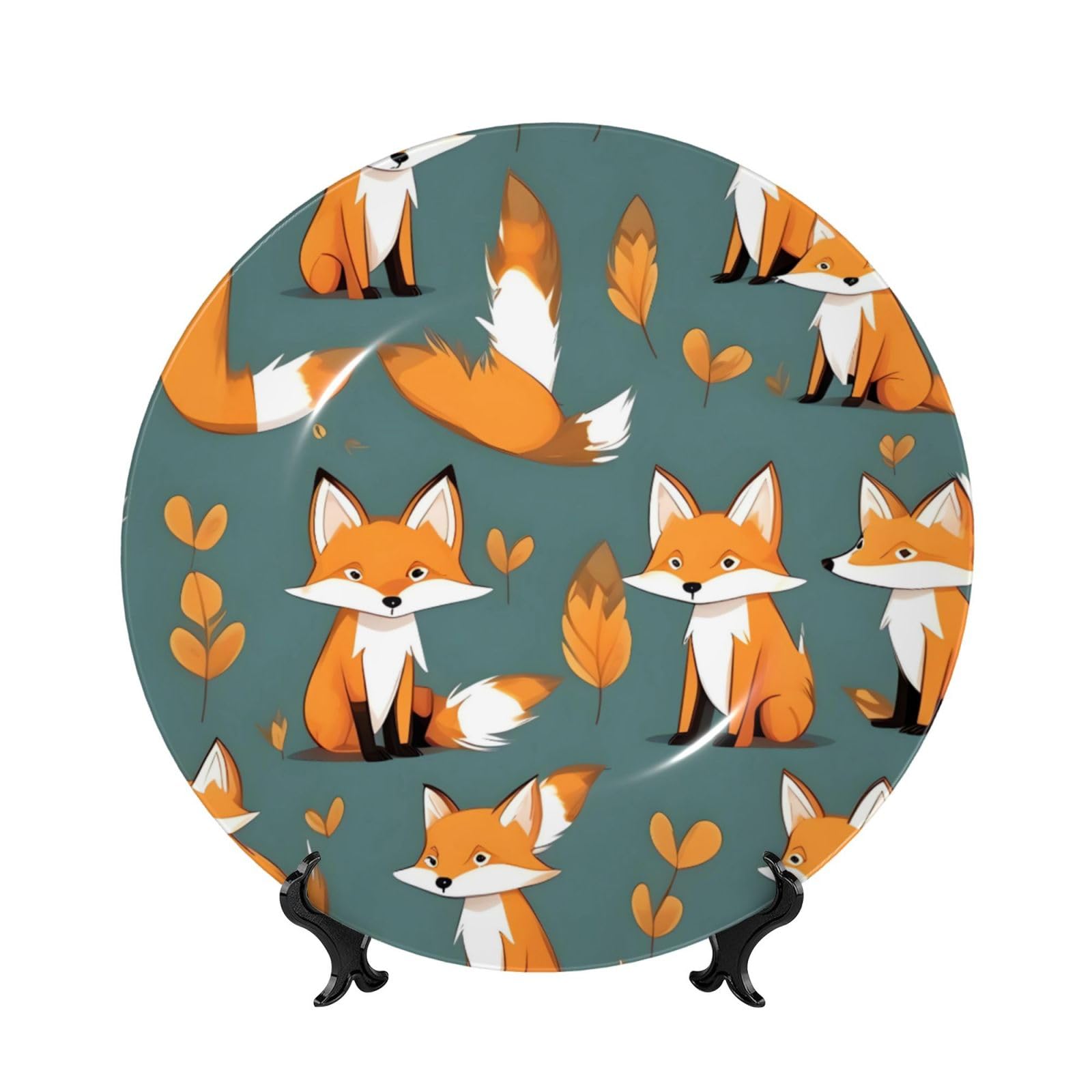 SXZVVBN Yellow fox Bone China Decorative Plate Art with Stand Removable Adhesive Hanging for Home Office 7in