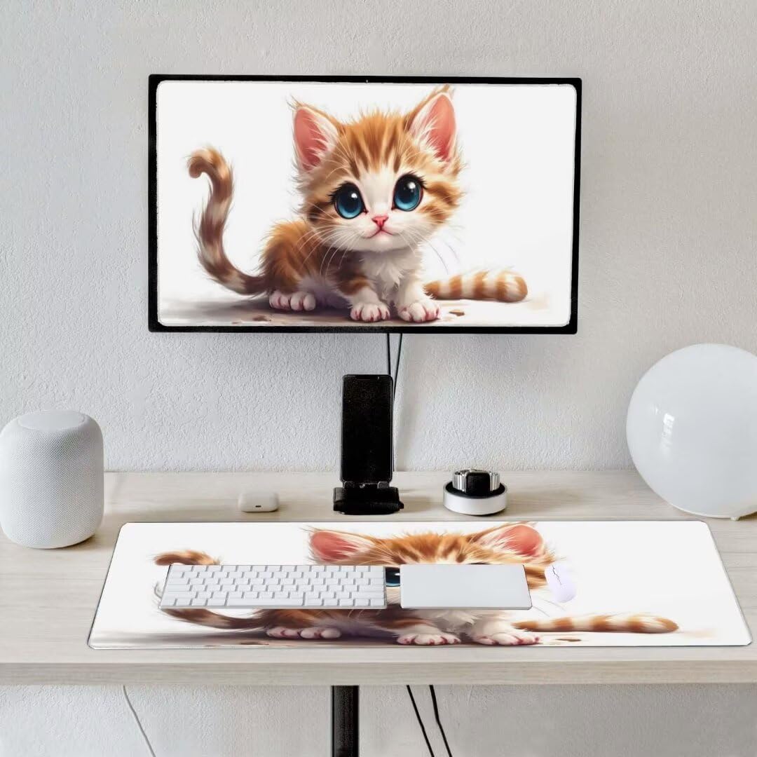 Alfombrilla de ratón 1400x600x3 MM, Alfombrilla Ratón XXL Extendida de Gran Tamaño con Bordes Cosidos, Base de Goma Antideslizante Almohadilla para Teclado, Lindo Gato Naranja S-6617