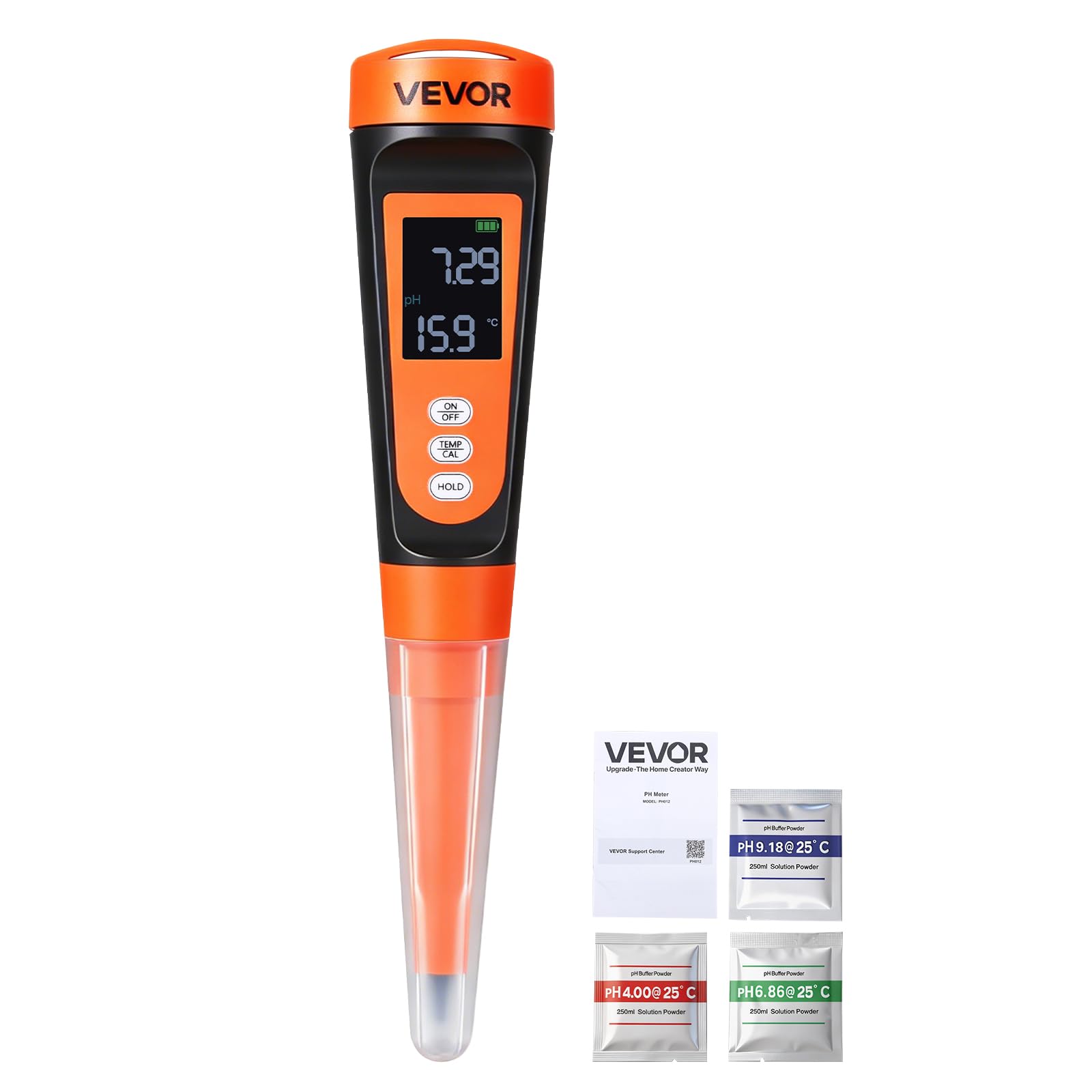 VEVOR pH-Meter für Lebensmittel, Messbereich 0–14, Wasserdichte Sonde (IP68), Messgerät mit Automatischer Temperaturkompensation, Kalibrierpulver, für Lebensmittelfermentation, Teig & Fleisch