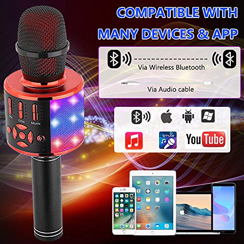Image of Amazmic Kids Karaoke Microphone Machine Toy Bluetooth Microphone Portable Wireless Karaoke Machine Handheld with LED Lights, Gift for Children Adults Birthday Party, Home KTV(Black Red)