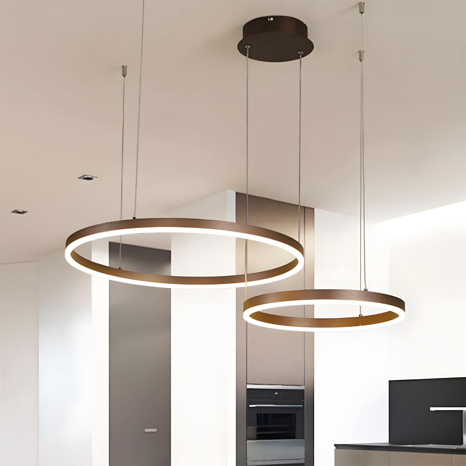 YYUTLUO Modern DIY Circle LED Chandelier | 2 Brown Rings:40+60cm=40W | Metal + Acrylic LED Pendant Lighting, 2.4G Dimmable Remote Control | Round Ceiling Hanging Lamp, Living Room Bedroom — image 1