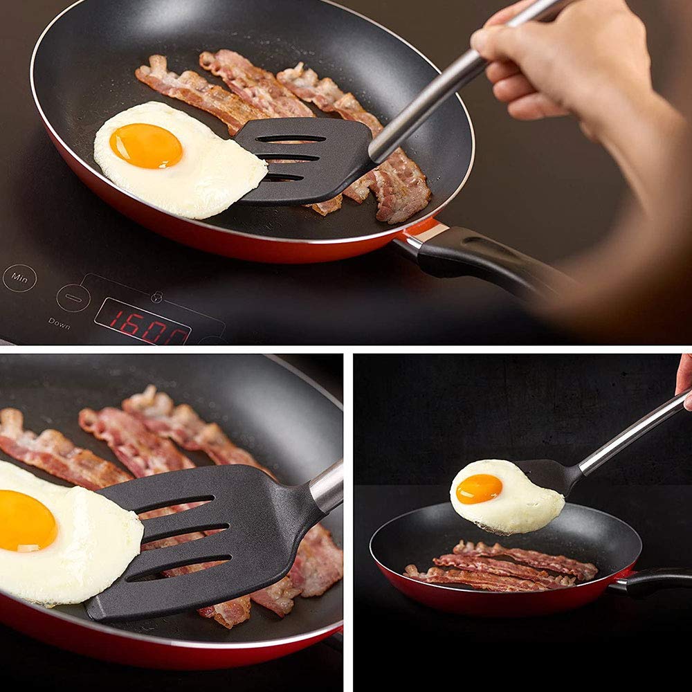 Küchenhelfer aus Silikon, schwarz, antihaftbeschichtet, Küchenspatel, Pfannenwender, Zubehör, hitzebeständige Sets von Edelstahlgriff, Cookware
