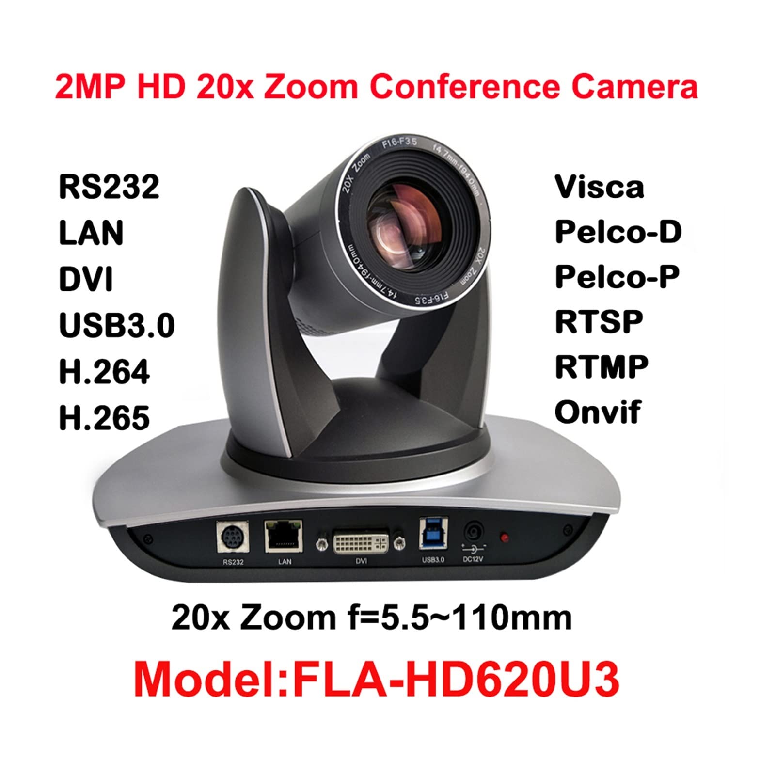 Cámara de videoconferencia 2MP Transmisión y Conferencia PTZ Cámara 20x Zoom óptico, 1080P 60FPS, USB 3.0, DVI, IP Transmisión, 54.7 Grado Fov para Salas de reuniones Grandes