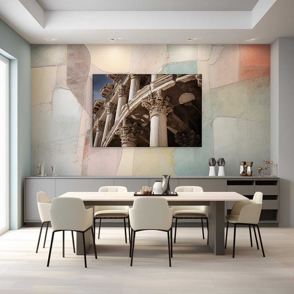 Canvas for Living room. Whispers of the Ancients: Marveling at the Majestic White Stone Columns and Their Skyward Carvings, 27 x 18 inch Canvas Wall Art - Ready to Hang
