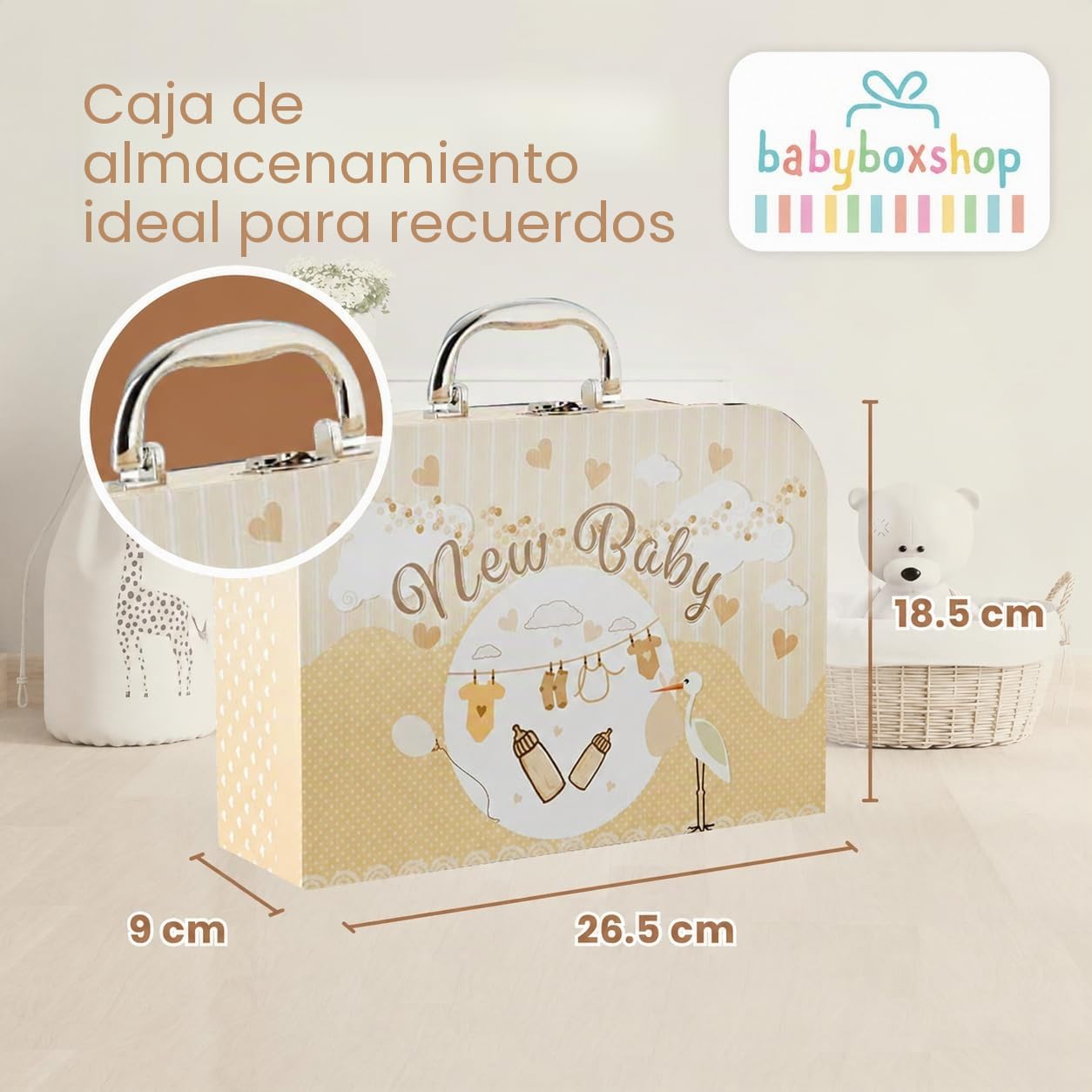 Cesta de Bebé Recién Nacido Estilo Maletín – Caja de Recuerdos de Bebé Crema con Osito, Muselina, Ropa y Otras Cosas de Bebé Esenciales - Cesta de Bebé para Baby Shower