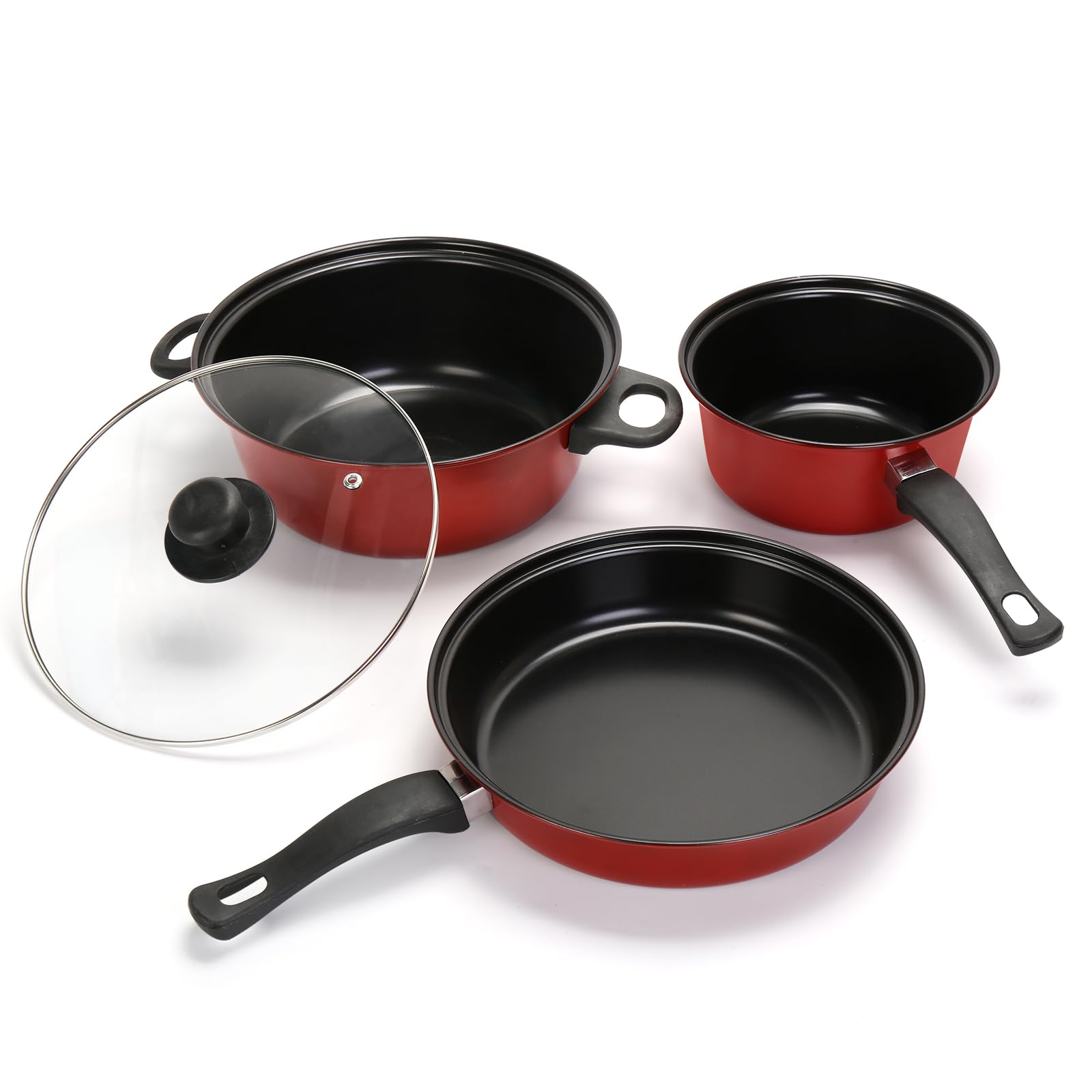 Photo 1 of Non-Stick Cookware Set, Portable Lightweight Cast Iron Pots and Pans with Glass Lids and Nylon Utensils 4 Piece Set for Outdoor Camping Picnic Travel