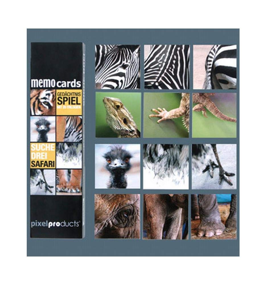 Memo Gedächtnisspiel SUCHE DREI SAFARI von pixelproducts - generationsübergreifender Spielspaß für Tierfreunde, Kinder und Designliebhaber.