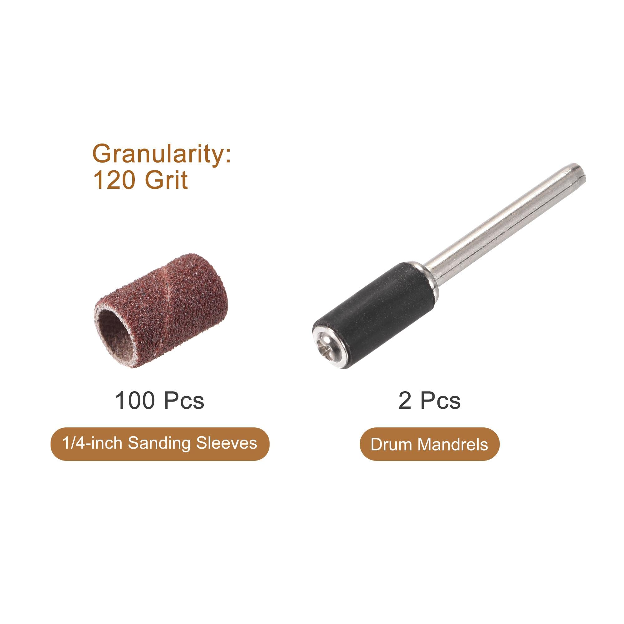 uxcell Lot de 100 manchons de ponçage de 6,35 mm de diamètre avec 2 mandrins à tambour de 6,35 mm pour outils rotatifs