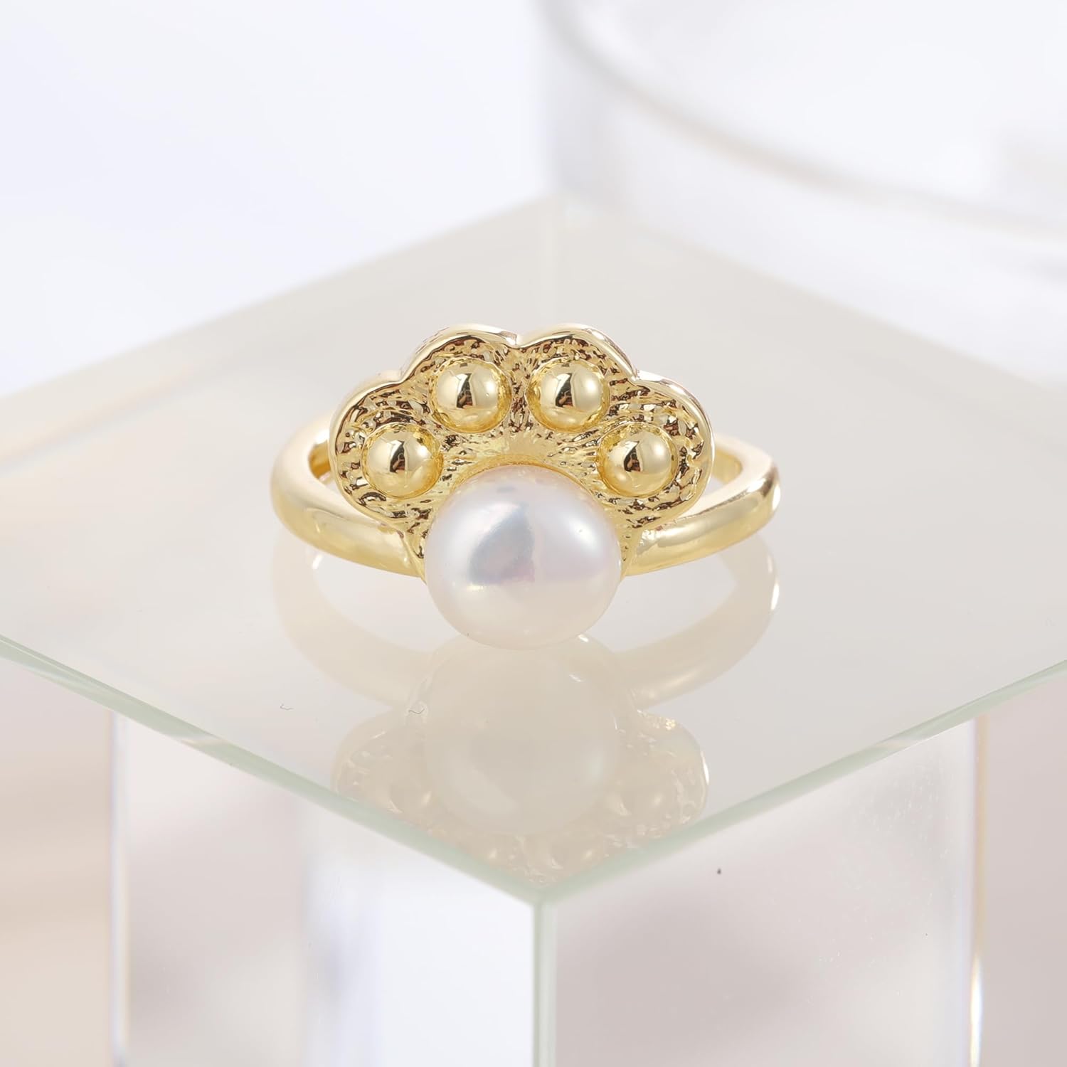 14k Gold Plated Freshwater Pearl Ring, Crown Pearl Ring Handmade Adjustable Open Ring for Comfortable Fit Gift Idea for Women & Teen Girls - Image 4