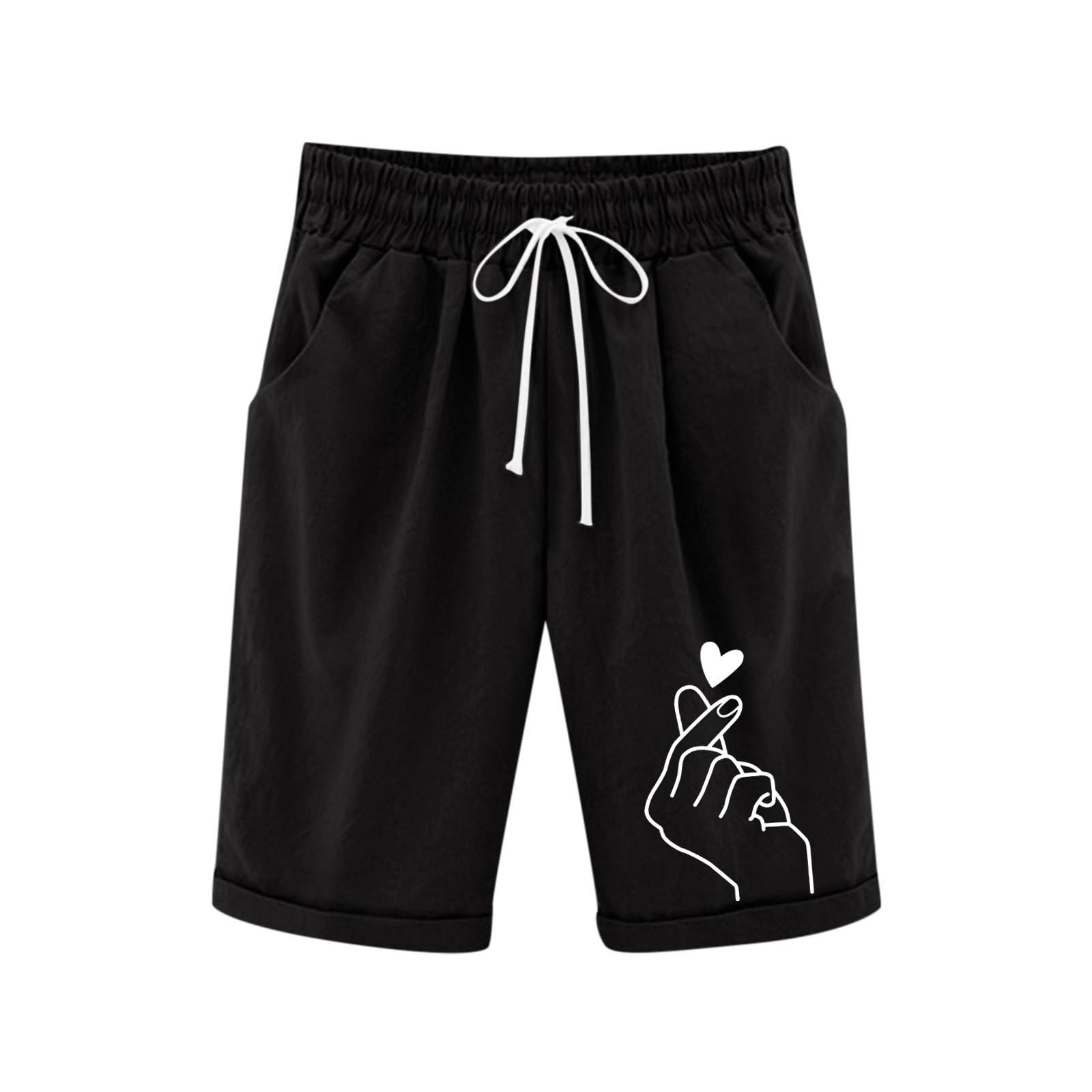 Generisch Leinenhose Kurze Mädchen Leicht Shorts Sommer Freizeit Hose Baumwolle Leinen Strandshorts Elastische Taille Sommerhose Elegant Einfarbig Stoffhose mit Taschen Sweatshorts