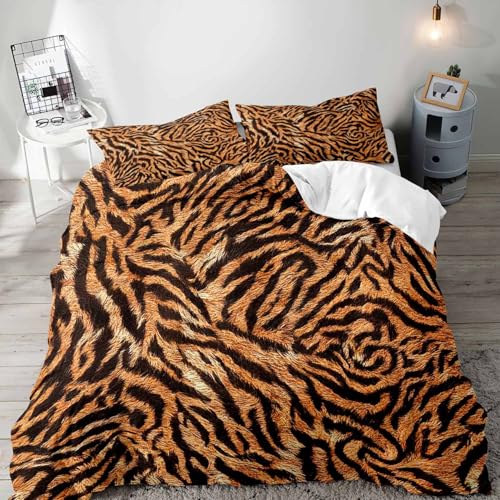 LUVIVIHOME 3PCS Tiger Print Duvet Cover Queen Bedding Set, Safari Animal Skin Wildlife Faux Fur Black Brown Wild Animal Print Comforter Cover, Luxury Fashion Bedroom Decor, Bed in a Bag 2 Pillow Cases