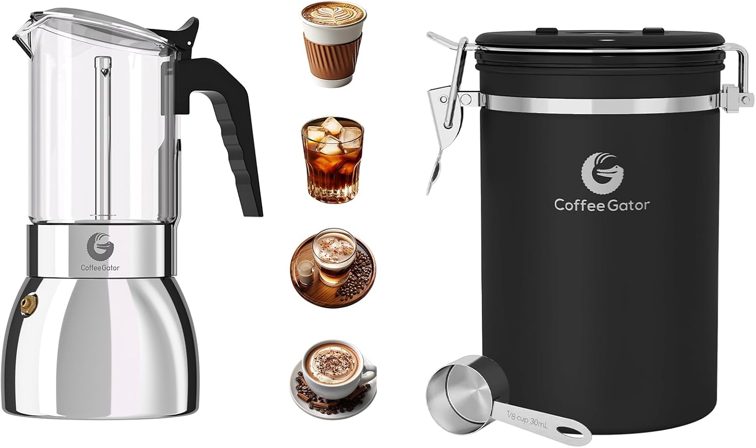 Coffee Gator 9 Cup Moka Pot Coffee Canister, 22oz Airtight Stainless Steel