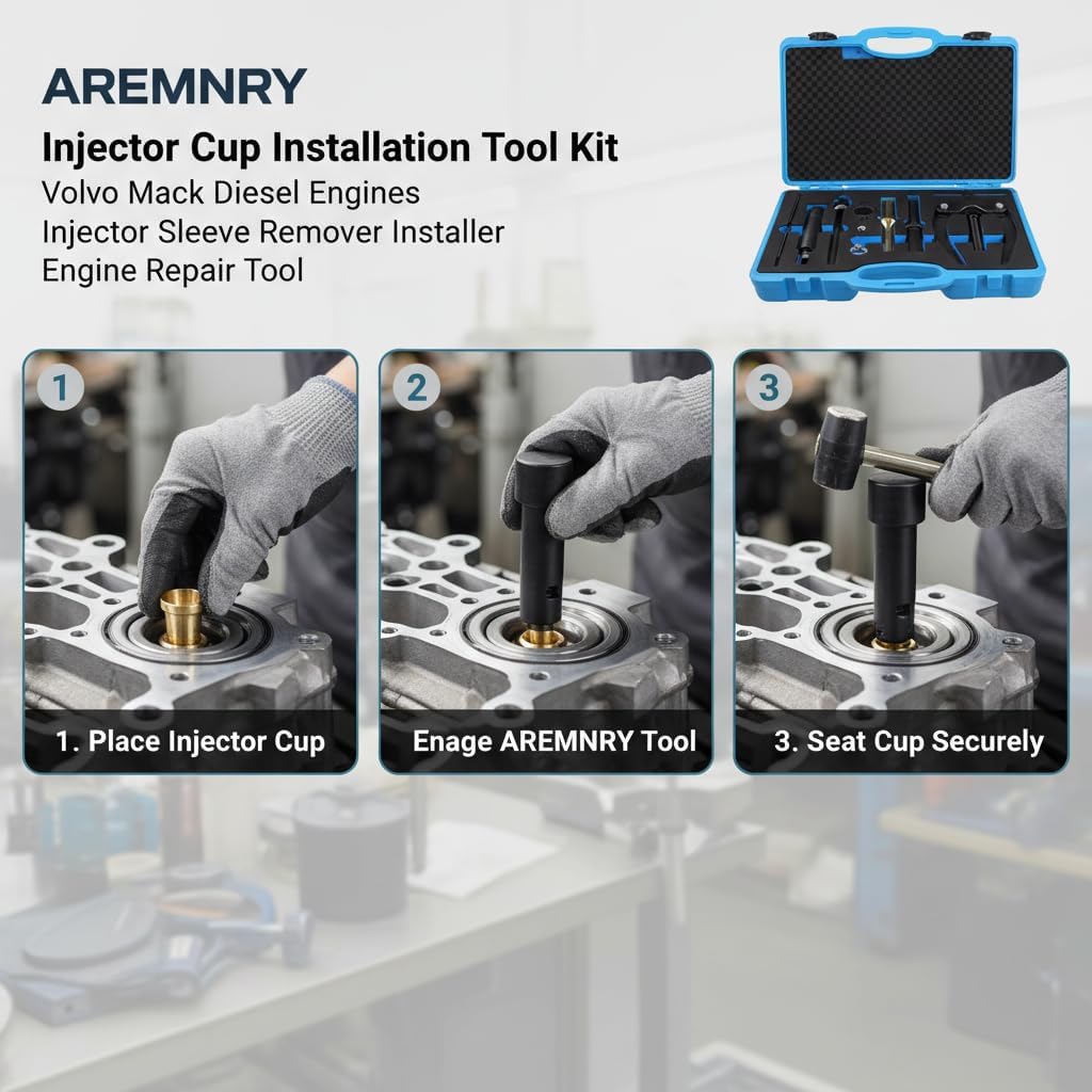 Diesel Injector Sleeve Remover & Installer Tool Kit for Volvo D11 D13 D16 & Mack MP7 MP8 MP10, Heavy Duty Injector Cup Service Set Replaces OEM 88800387, 9986174, 9998254, 88800196