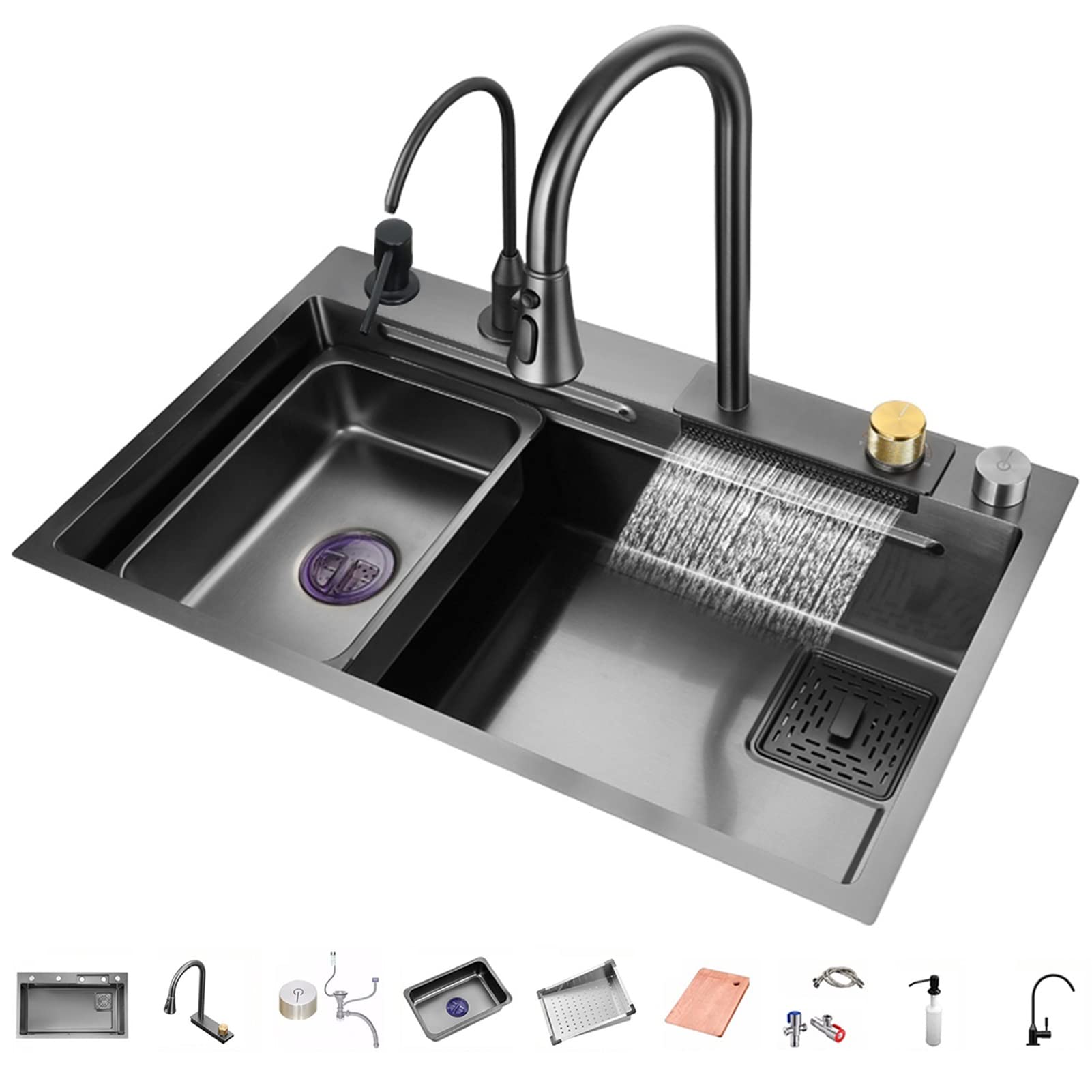 ZQFHSX 304 Stainless Steel Kitchen Sink Multi-Purpose Waterfall Bar Single Bowl Nano Rv with Pull-Out Faucet Top Mount Or Undermount (Color : Black-a, Size 68x45x22cm)