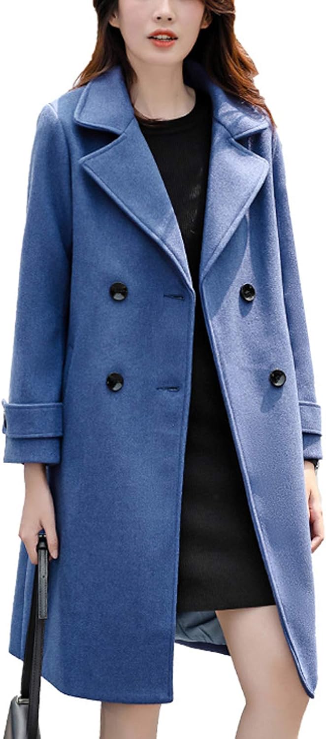 chouyatou Women's Essential Elegant Wear Double Breasted Mid Long Wool Pea Coat
