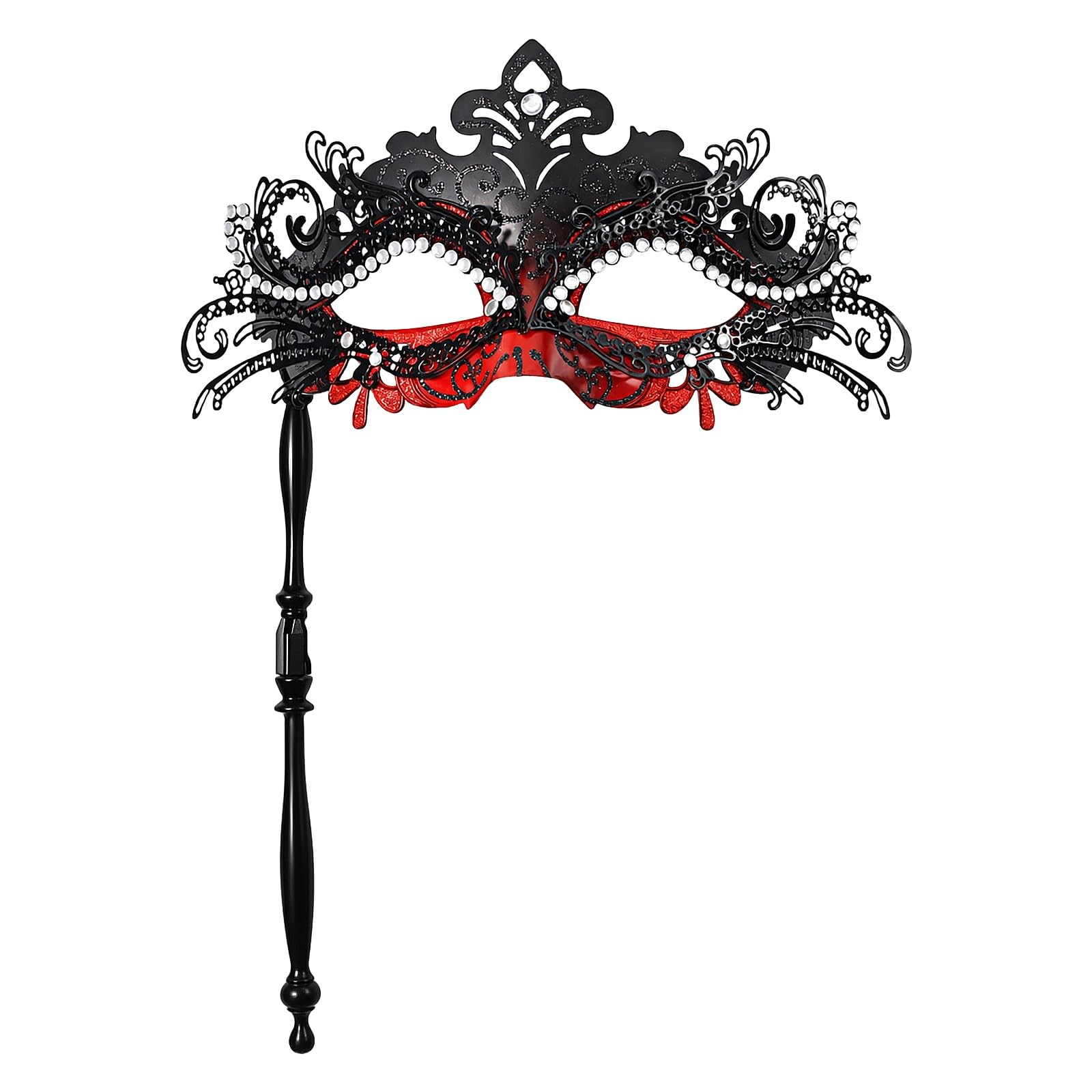 Oidea Black Red Rhinestone Handheld Venetian Masquerade Mask, Metal