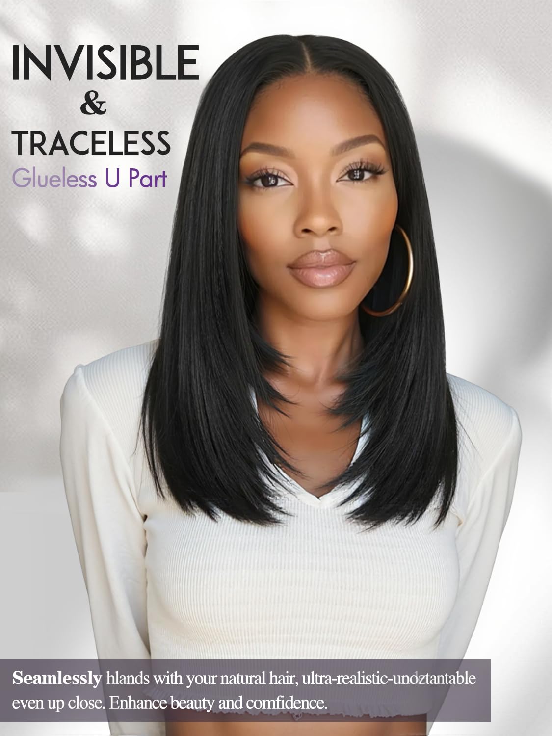 Quantum Love Yaki Straight Layered U Part Wig V Part Bob Half Wigs for Black Women Short Black Glueless Natural Looking Heat Resistant Synthetic Hair Replacement Wig