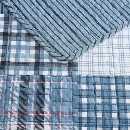 Image of Eddie Bauer - Queen Quilt Set, Reversible Cotton Bedding with Matching Shams, Patchwork Plaid Bedding Set (Hawthorne Blue, Queen)