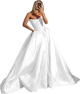 Corset Satin Wedding Dresses for Women Strapless Lace Appliques Ball Gowns Winter Formal Evening Dress - Buy now