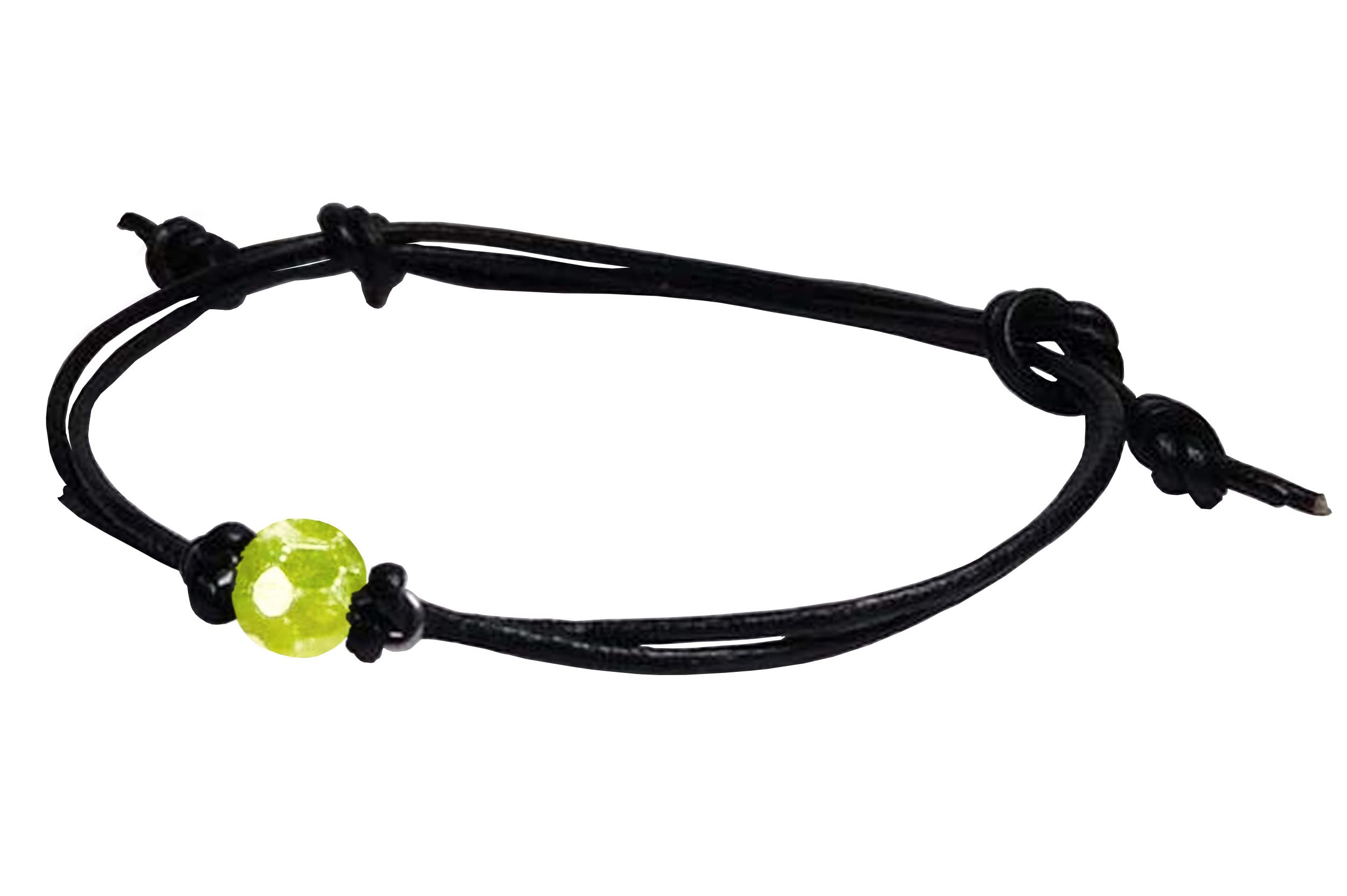 HandmadeReal 6mm Faceted Peridot Bead on Copper- Bronze-Steel-Black Iron-Silver-Titanium-BlackNiobium-14KGold-14K RoseGold Wire on a Leather or Waxed Cord Adjustable Friendship Bracelet August Birthstone