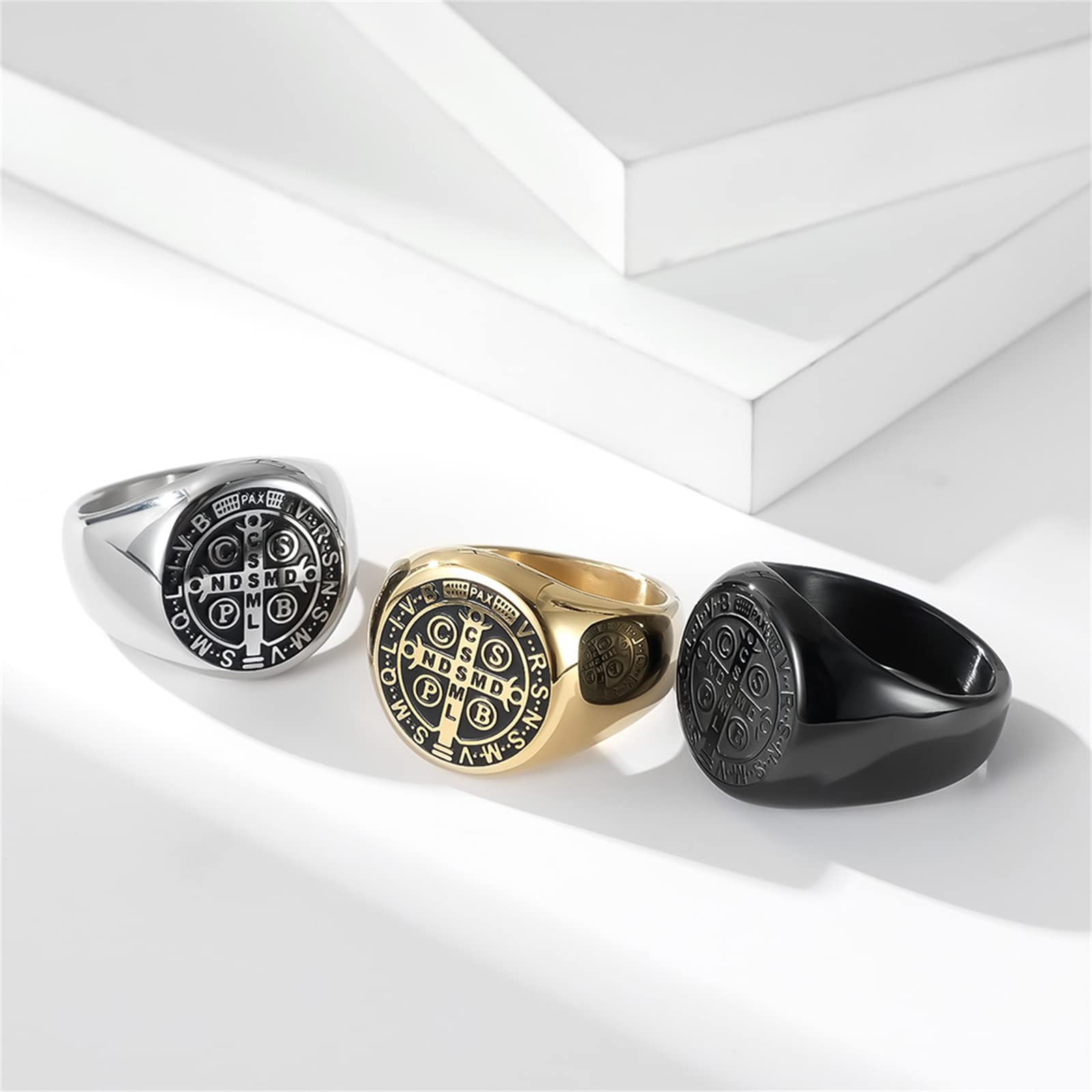 Anello da Uomo con Medaglione Dell'esorcismo di San Benedetto, Anello Cattolico con Croce Dell'esorcismo in Acciaio Inossidabile,Argento,10