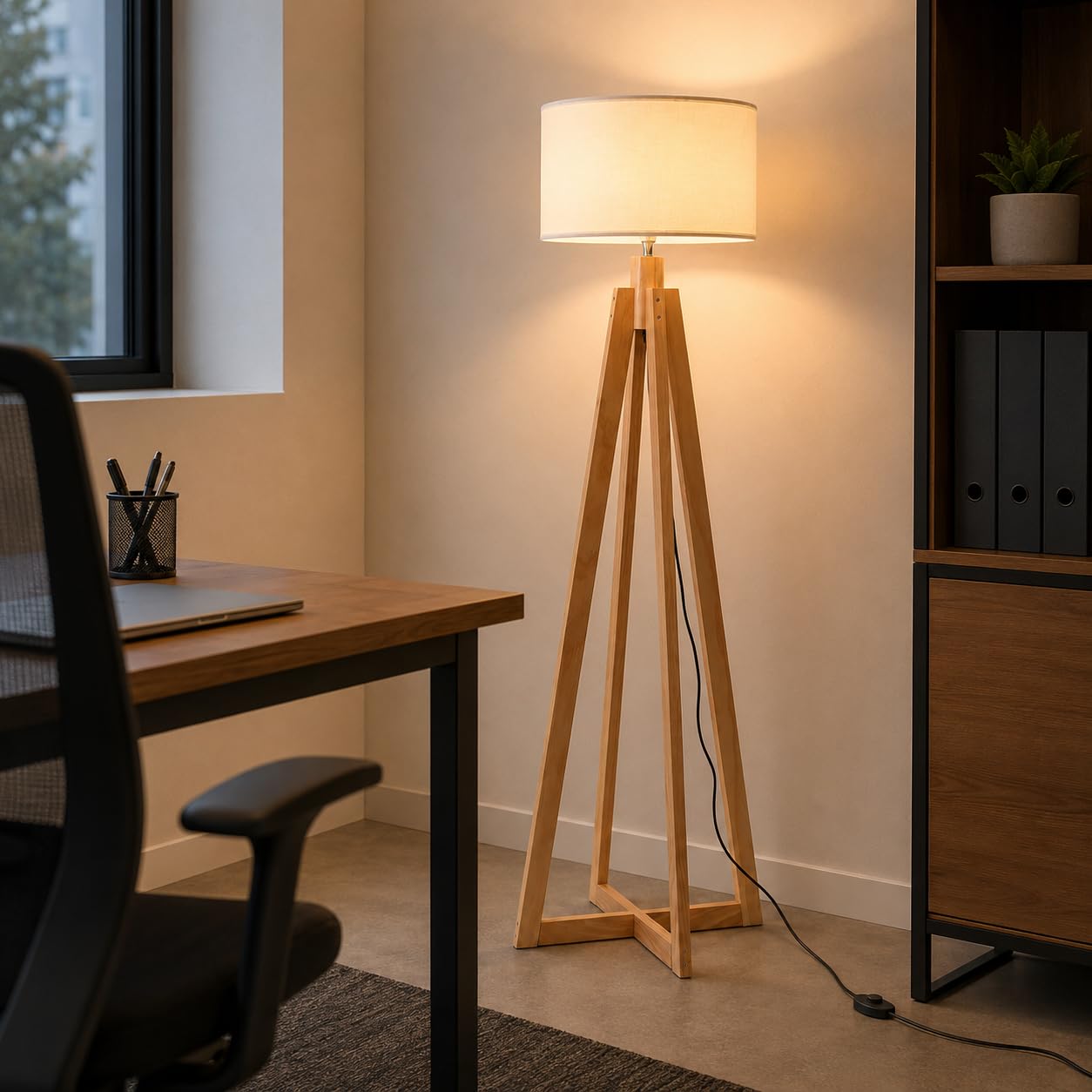 Alpinaluz Lámpara de Pie de Madera Natural con Pantalla Textil Blanca Ø43 cm, Casquillo E27, 149 cm, Estilo Nórdico y Escandinavo para Salón, Dormitorio, Comedor u Oficina