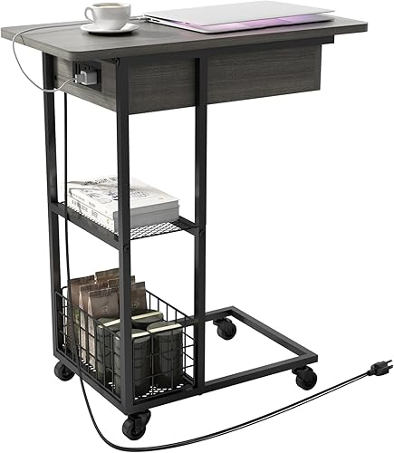 Miniatura 8 de LIDYUK Mesa auxiliar en forma de C con estación de carga, mesa auxiliar abatible con puertos USB y tomas, mesa de sofá con estante de almacenamiento