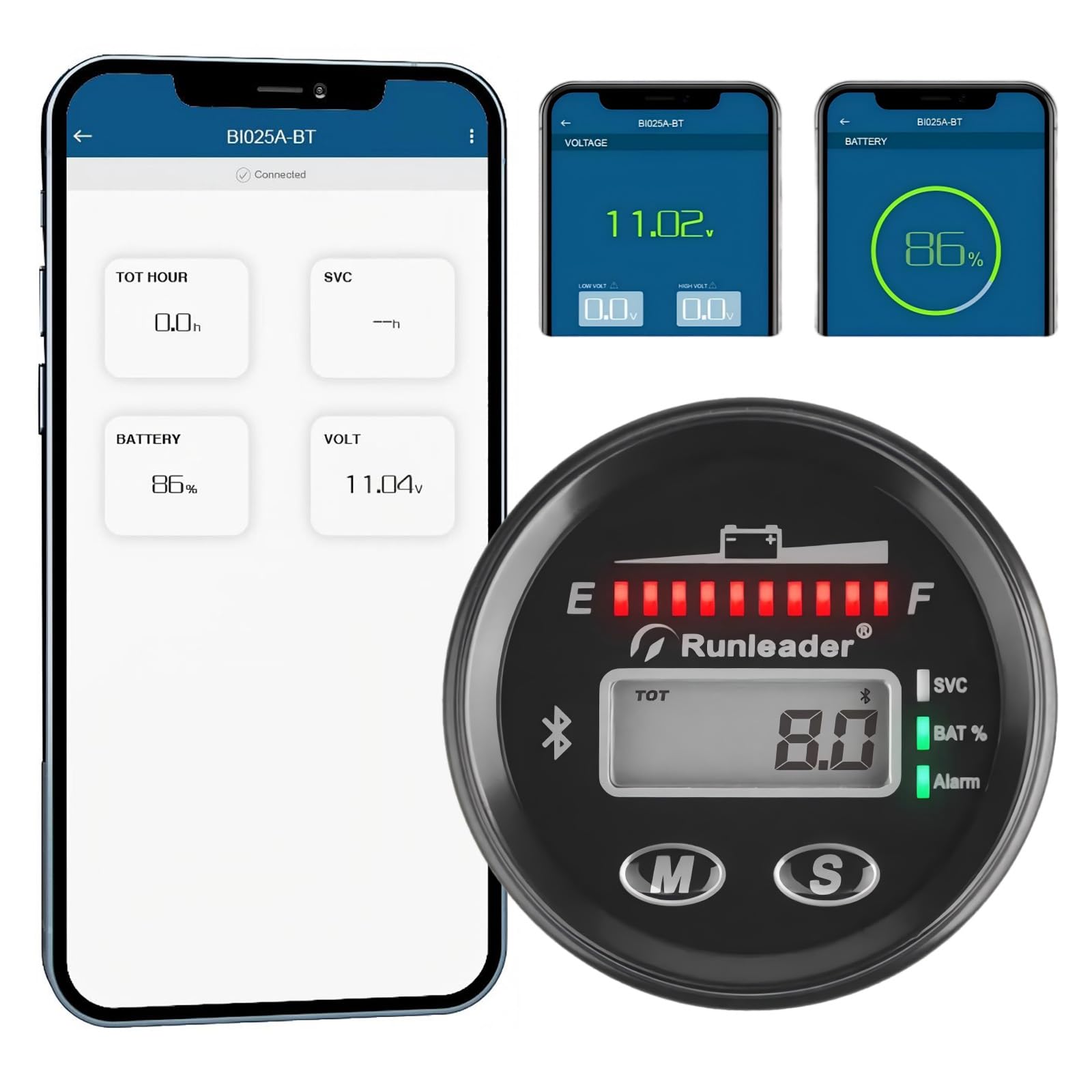 Runleader da 12V a 48V indicatore della Batteria LED Bluetooth, Registrazione delle Ore di Funzionamento per Piombo Acid Trojan Gel di Litio AGM LiFePO4 Batteria