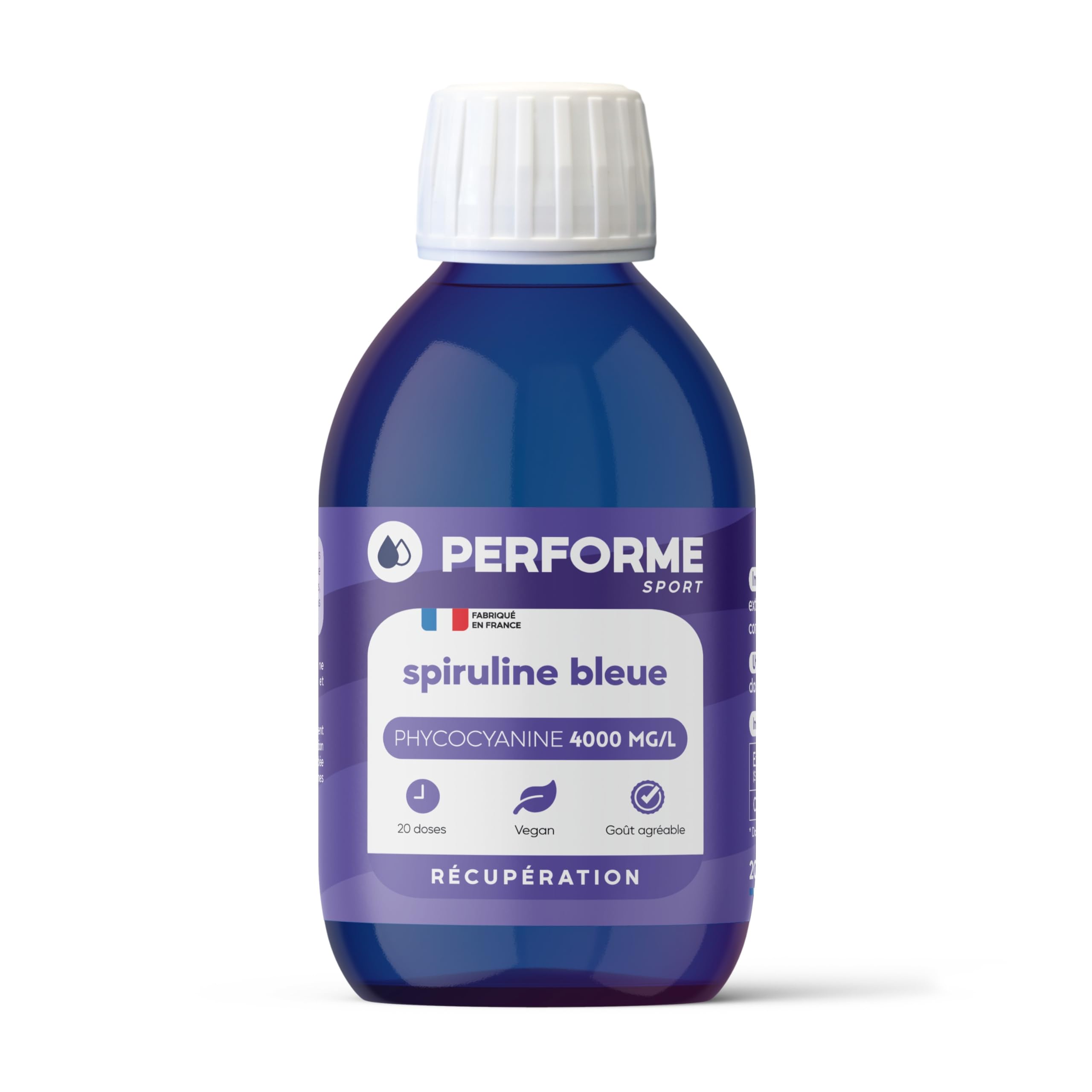 Spiruline Bleue 4000mg/l • Endurance & Récupération • Forte Concentration en Phycocyanine • 20 doses • Goût agréable • 100% Naturel • Made In France • Performe