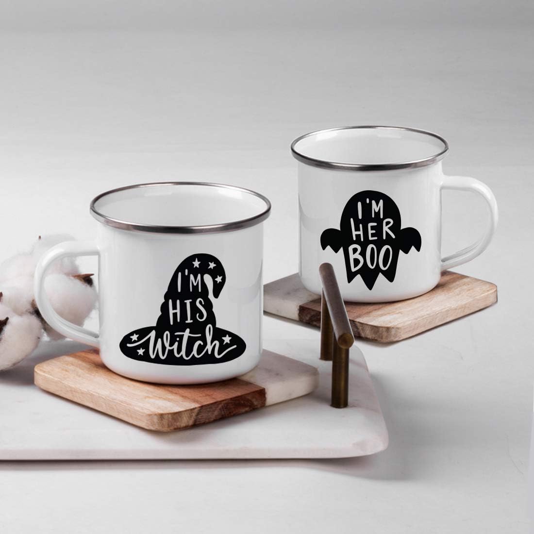 Andaz Press Funny Halloween 11oz. Stainless Steel Campfire Coffee Tea Mug, I'm His Witch, I'm Her Boo, 2-Pack, Birthday Christmas Ideas