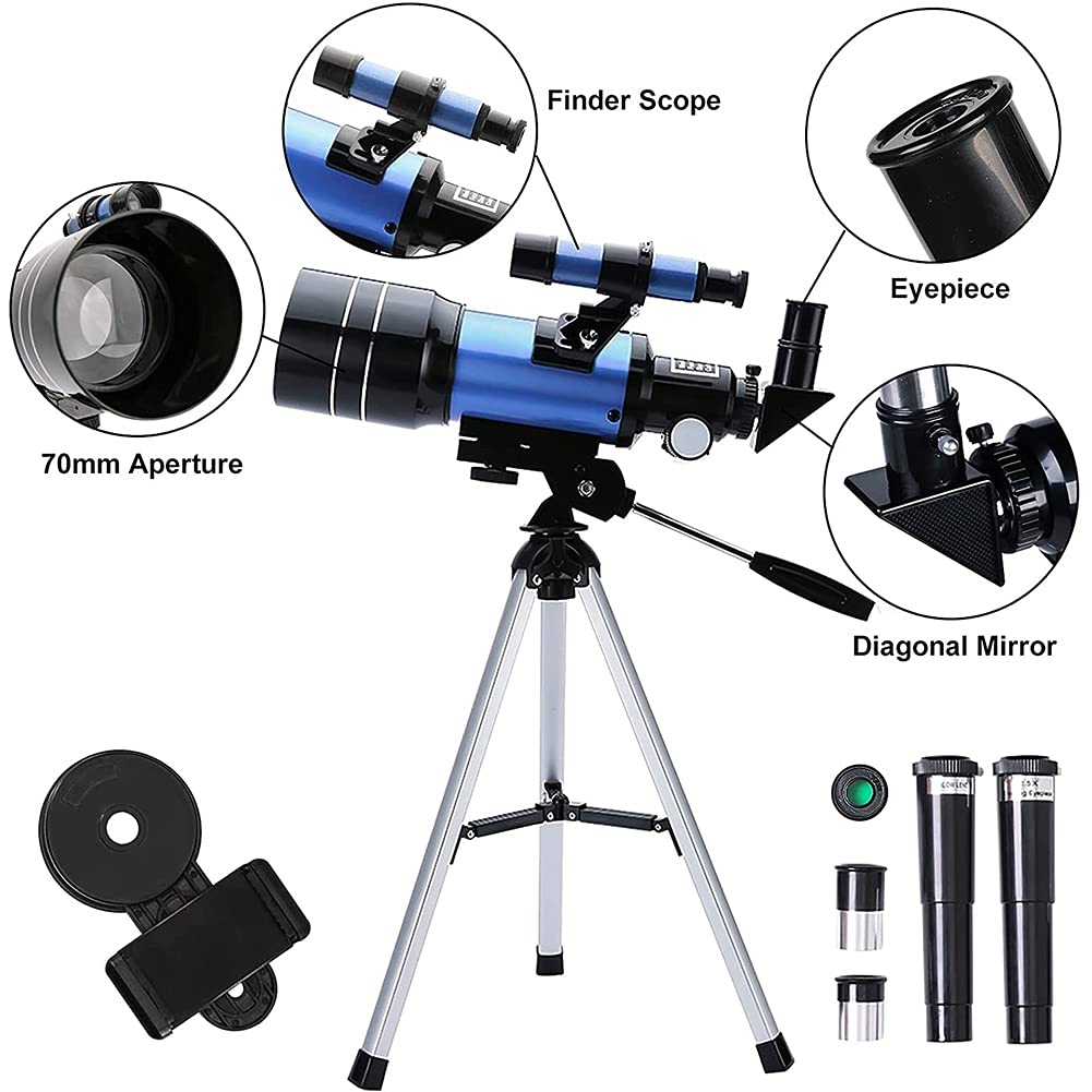 Telescope para adultos y niños, telescopios refractores portátiles de apertura 70 mm (15X-150X) para principiantes, telescopio de viaje de 300 mm