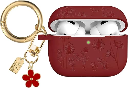 Funda con grabado de flores compatible con AirPods Pro 2 2022, funda de silicona para AirPods Pro de 21 generación con bonito llavero de flores y