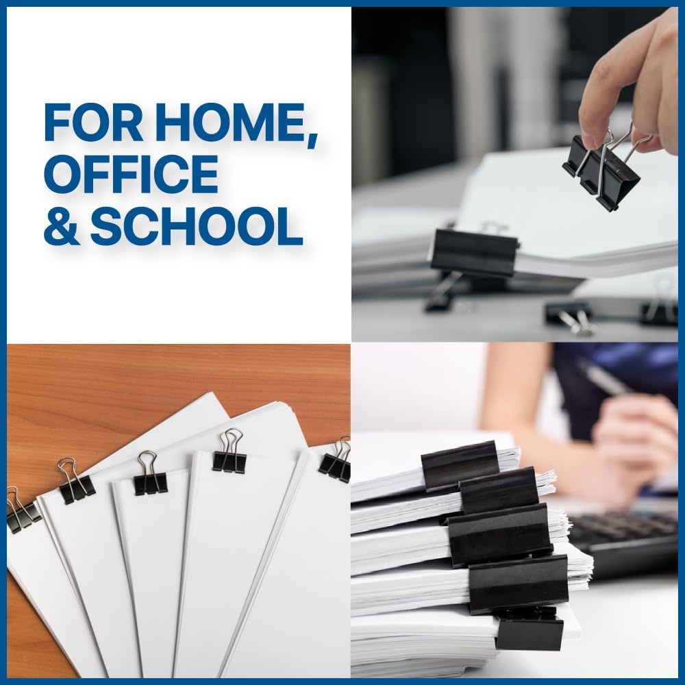 230 Pack Assorted Size Binder Clips [100 Bonus Paper Clips] - 6 Sizes Paper Clamp - Sturdy Container Included (Black)