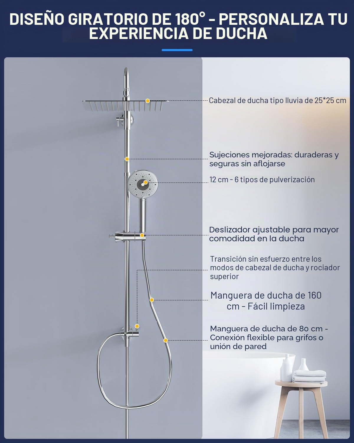 YEAUPE PRO Juego de ducha con filtro – 10 pulgadas acero inoxidable ducha lluvia y ducha de mano cromada blanca 2 filtros de repuesto, manguera de PVC de 1,6 m, soporte de altura ajustable, sistema